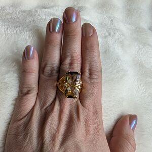 Gold Tone Citrine Color Cocktail Ring Large Statement Stone Vintage Style Size 7